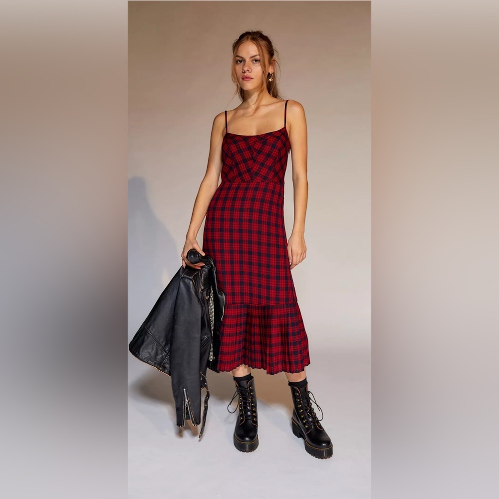 Urban Outfitters Waldorf Red & Black Plaid Pleated Flannel Slip Midi Dress